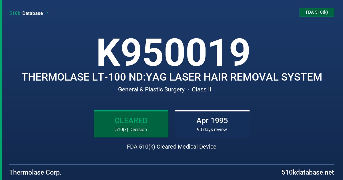 K950019 THERMOLASE LT-100 ND:YAG LASER HAIR REMOVAL SYSTEM FDA 510(k) Cleared Medical Device