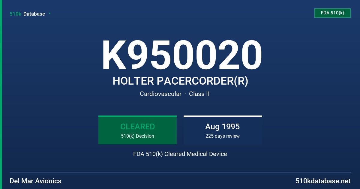 K950020 HOLTER PACERCORDER(R) FDA 510(k) Cleared Medical Device