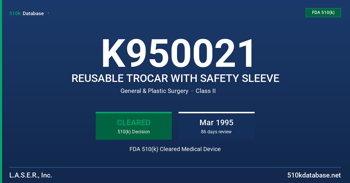K950021 REUSABLE TROCAR WITH SAFETY SLEEVE FDA 510(k) Cleared Medical Device