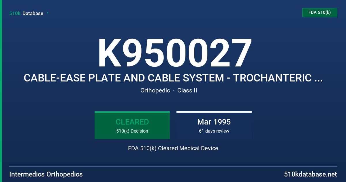 K950027 CABLE-EASE PLATE AND CABLE SYSTEM - TROCHANTERIC HOOK FDA 510(k) Cleared Medical Device