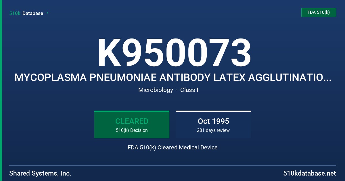K950073 MYCOPLASMA PNEUMONIAE ANTIBODY LATEX AGGLUTINATION TEST SYSTEM FDA 510(k) Cleared Medical Device