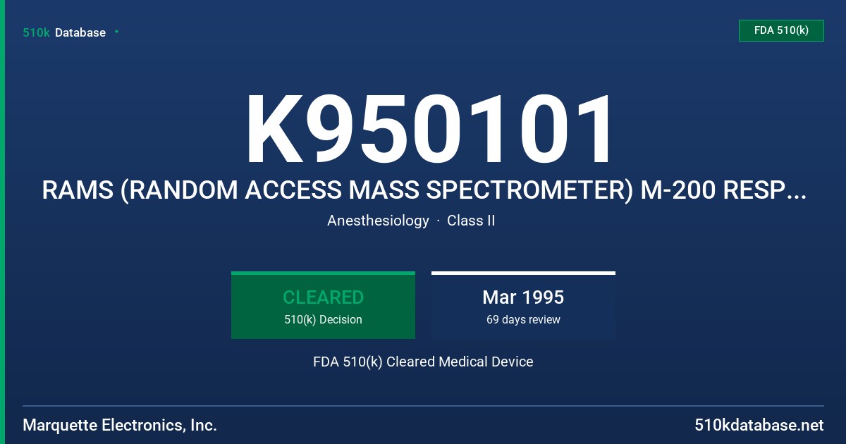 K950101 RAMS (RANDOM ACCESS MASS SPECTROMETER) M-200 RESPIRATORY GAS MONITOR FDA 510(k) Cleared Medical Device