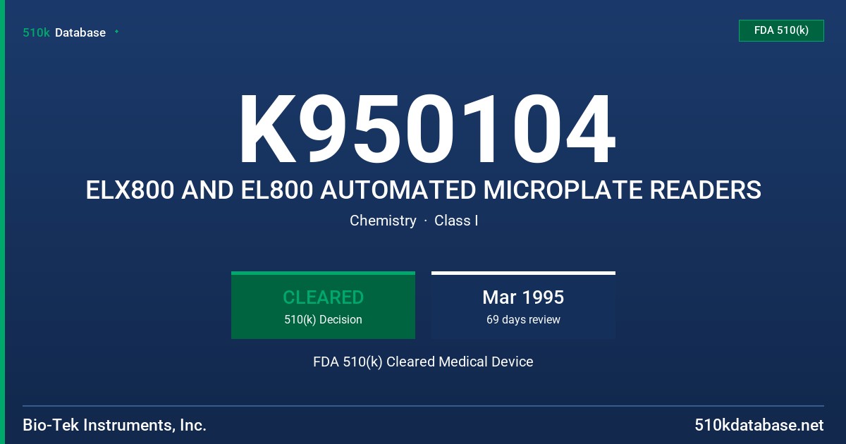 K950104 ELX800 AND EL800 AUTOMATED MICROPLATE READERS FDA 510(k) Cleared Medical Device
