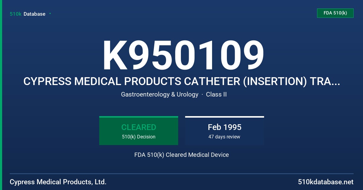 K950109 CYPRESS MEDICAL PRODUCTS CATHETER (INSERTION) TRAY/WITH OUT CATHETER FDA 510(k) Cleared Medical Device