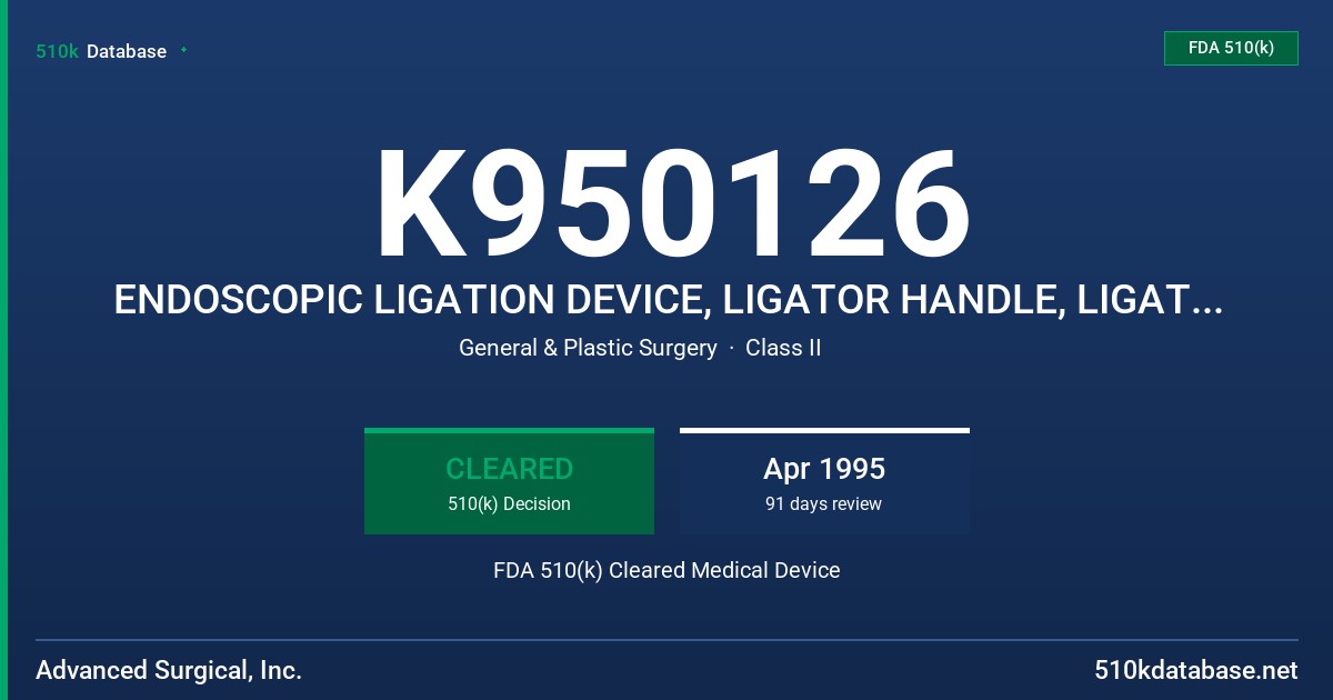 K950126 ENDOSCOPIC LIGATION DEVICE, LIGATOR HANDLE, LIGATOR CARTRIDGE FDA 510(k) Cleared Medical Device