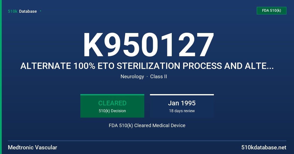 K950127 ALTERNATE 100% ETO STERILIZATION PROCESS AND ALTERNATE STERILIZATION FACCILITY FDA 510(k) Cleared Medical Device