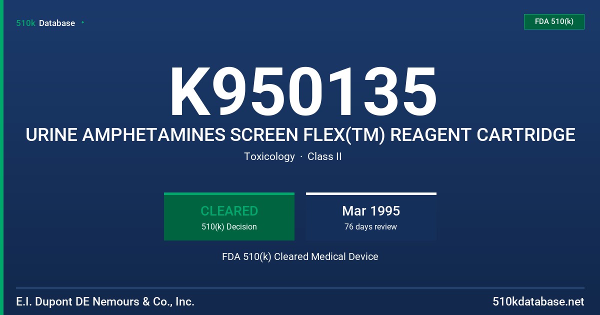 K950135 URINE AMPHETAMINES SCREEN FLEX(TM) REAGENT CARTRIDGE FDA 510(k) Cleared Medical Device