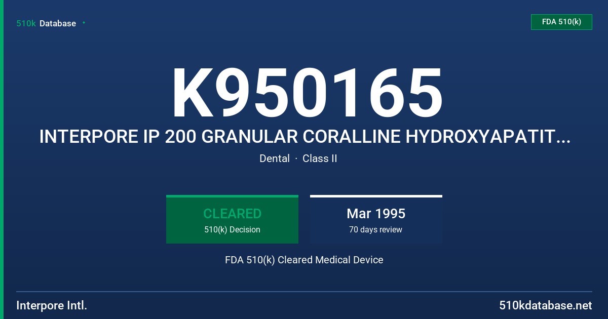 K950165 INTERPORE IP 200 GRANULAR CORALLINE HYDROXYAPATITE BONE VOID FILLERS, 425 TO 1000 MICRONS AND 425 TO 600 MICRONS FDA 510(k) Cleared Medical Device