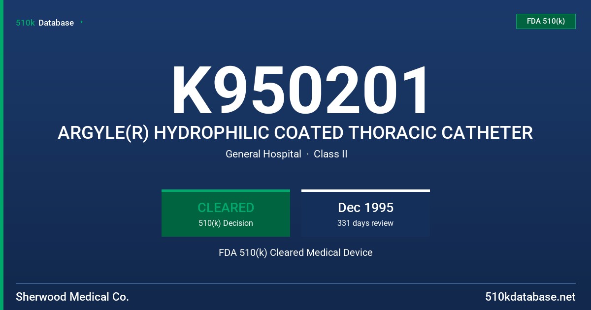 K950201 ARGYLE(R) HYDROPHILIC COATED THORACIC CATHETER FDA 510(k) Cleared Medical Device