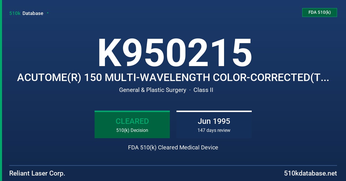K950215 ACUTOME(R) 150 MULTI-WAVELENGTH COLOR-CORRECTED(TM) LASER HANDPIECE FDA 510(k) Cleared Medical Device