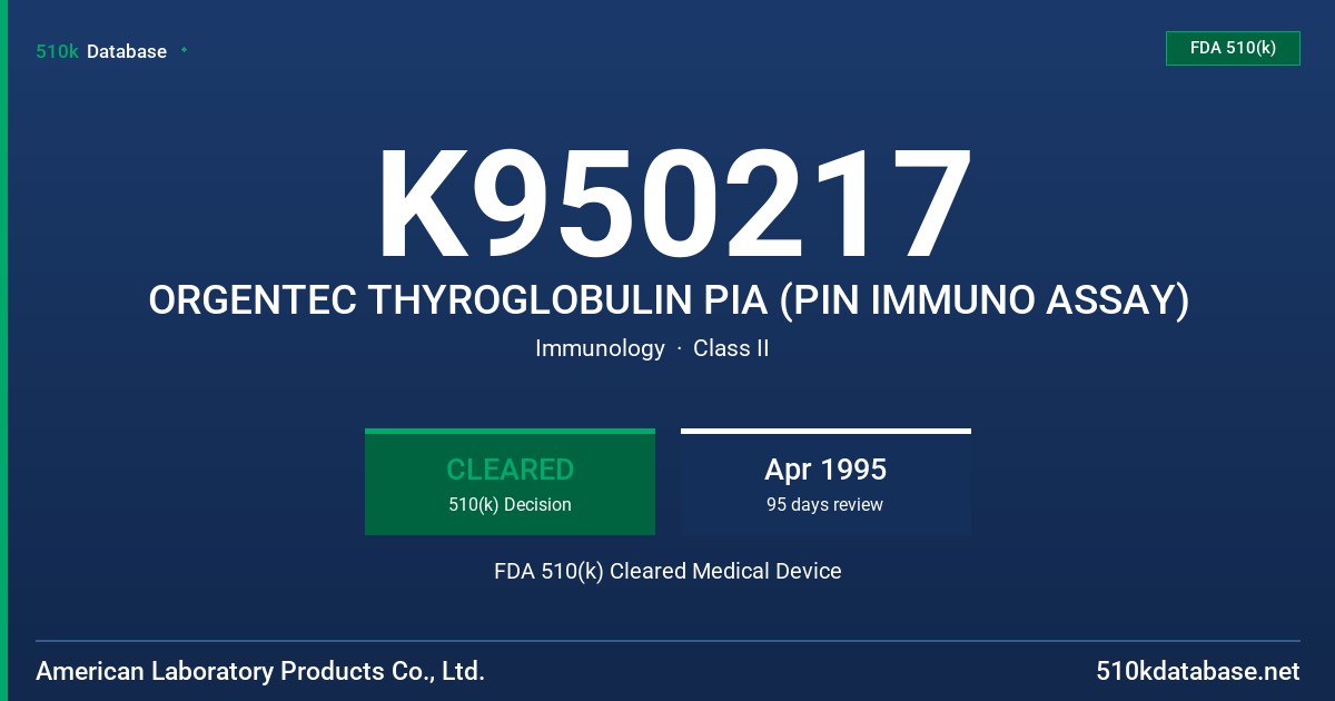 K950217 ORGENTEC THYROGLOBULIN PIA (PIN IMMUNO ASSAY) FDA 510(k) Cleared Medical Device