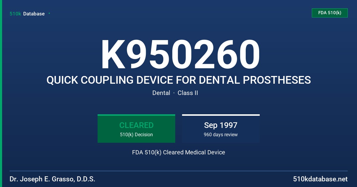 K950260 QUICK COUPLING DEVICE FOR DENTAL PROSTHESES FDA 510(k) Cleared Medical Device