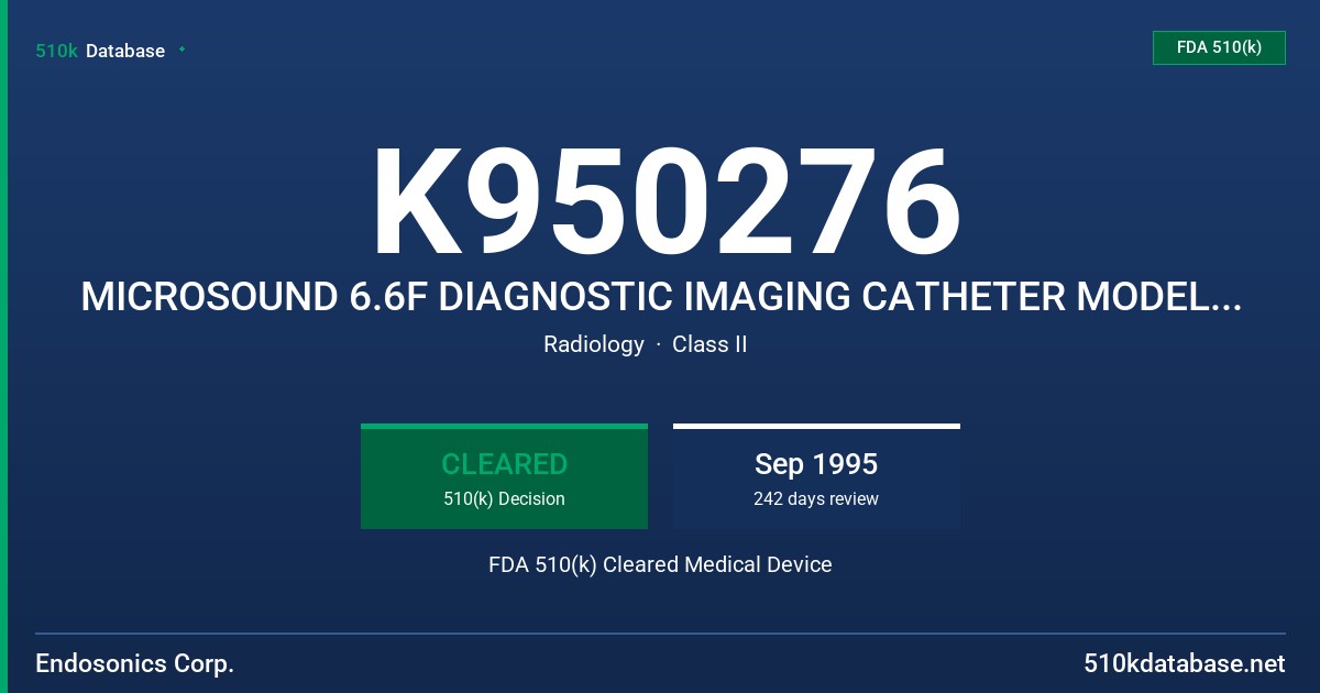 K950276 MICROSOUND 6.6F DIAGNOSTIC IMAGING CATHETER MODEL 50302, INTRAVASCULAR ULTRASOUND IMAGING SYSTEM FDA 510(k) Cleared Medical Device