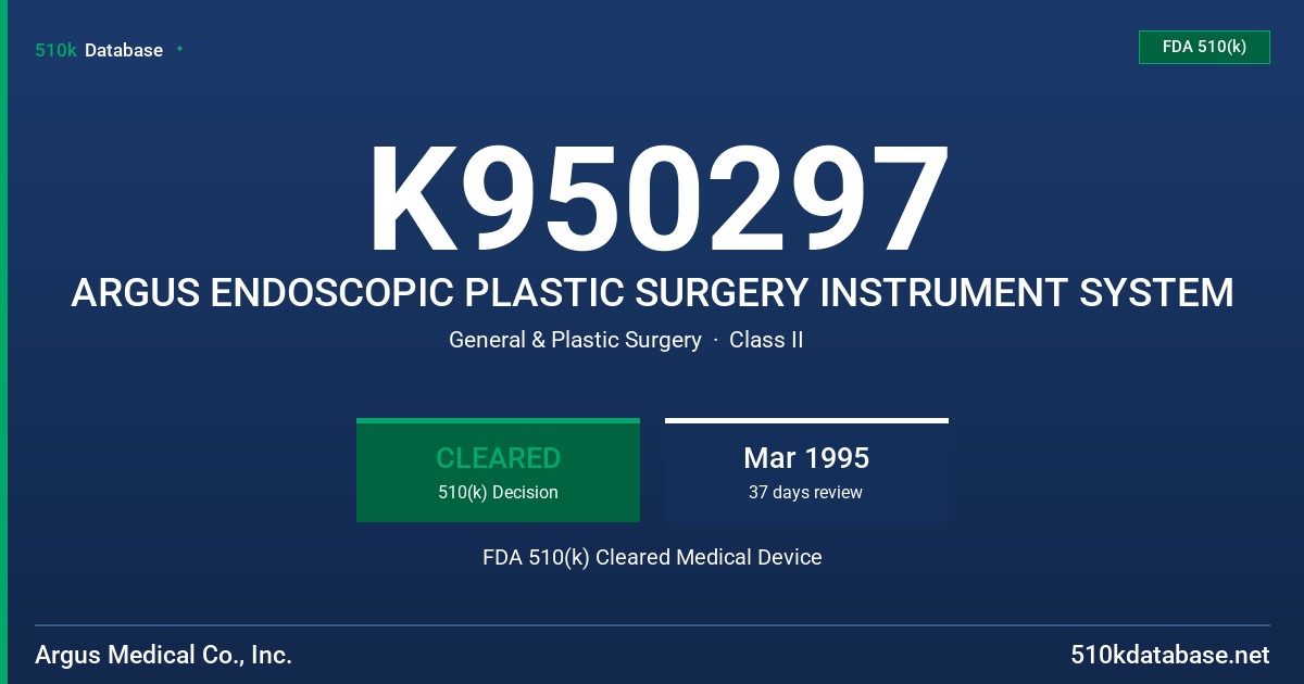 K950297 ARGUS ENDOSCOPIC PLASTIC SURGERY INSTRUMENT SYSTEM FDA 510(k) Cleared Medical Device