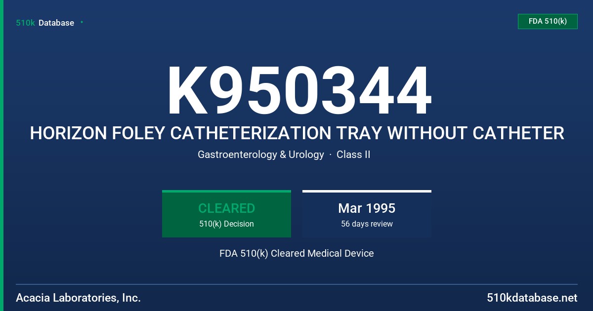 K950344 HORIZON FOLEY CATHETERIZATION TRAY WITHOUT CATHETER FDA 510(k) Cleared Medical Device
