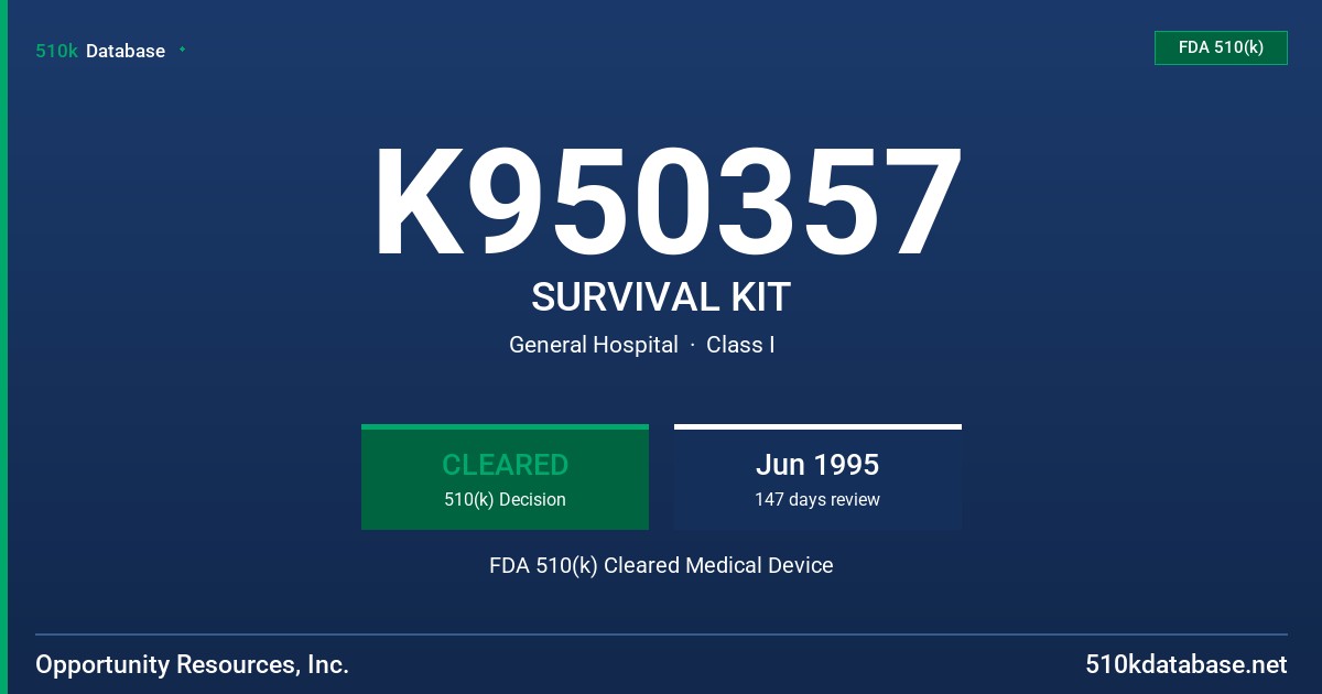 K950357 SURVIVAL KIT FDA 510(k) Cleared Medical Device