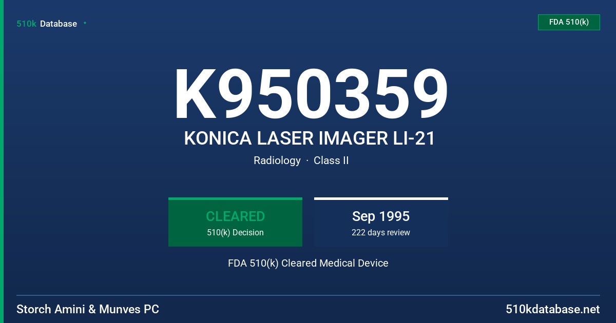 K950359 KONICA LASER IMAGER LI-21 FDA 510(k) Cleared Medical Device
