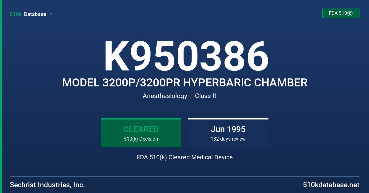 K950386 MODEL 3200P/3200PR HYPERBARIC CHAMBER FDA 510(k) Cleared Medical Device