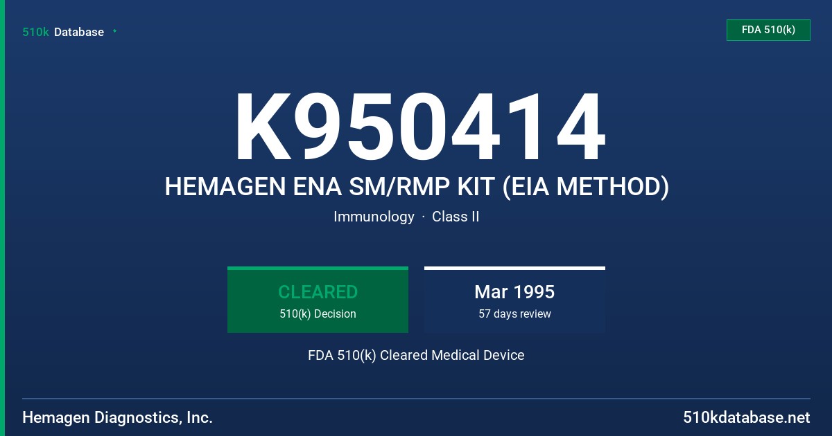 K950414 HEMAGEN ENA SM/RMP KIT (EIA METHOD) FDA 510(k) Cleared Medical Device