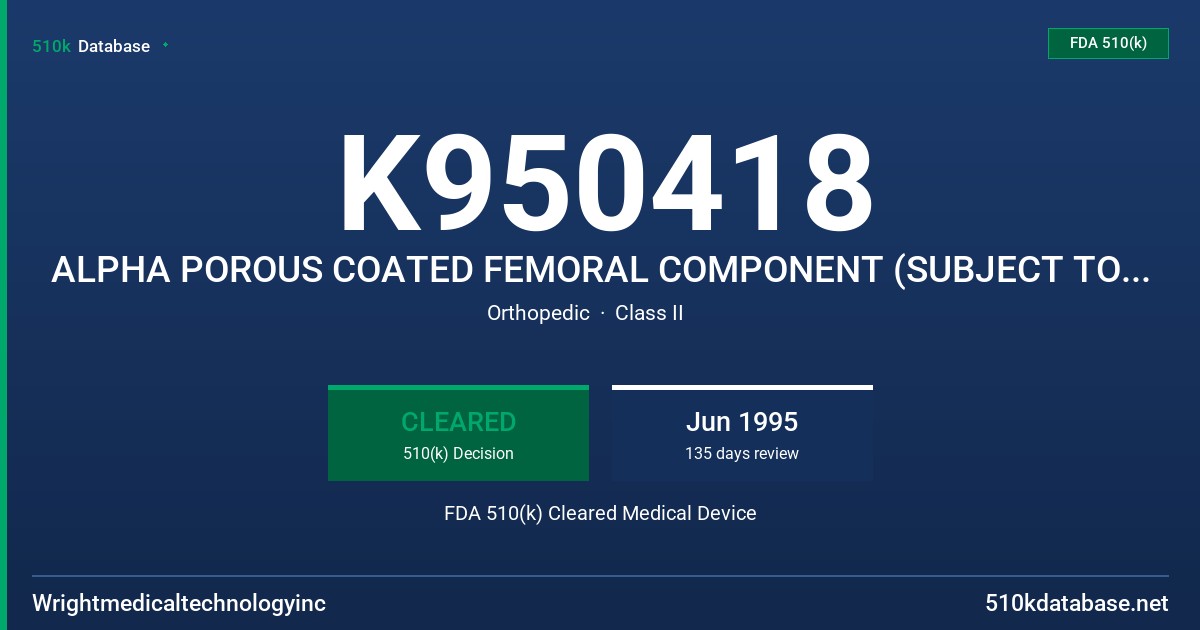 K950418 ALPHA POROUS COATED FEMORAL COMPONENT (SUBJECT TO WMTI MARKETING APPROVAL) FDA 510(k) Cleared Medical Device