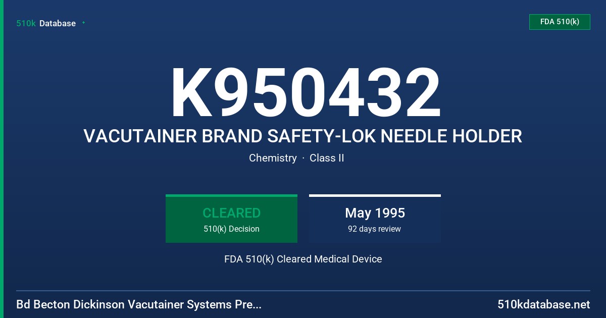 K950432 VACUTAINER BRAND SAFETY-LOK NEEDLE HOLDER FDA 510(k) Cleared Medical Device