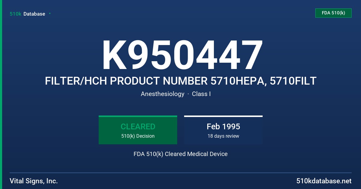 K950447 FILTER/HCH PRODUCT NUMBER 5710HEPA, 5710FILT FDA 510(k) Cleared Medical Device