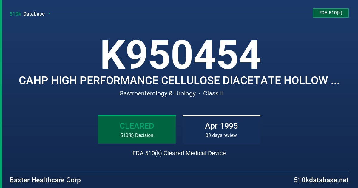 K950454 CAHP HIGH PERFORMANCE CELLULOSE DIACETATE HOLLOW FIBER DIALYZER FDA 510(k) Cleared Medical Device