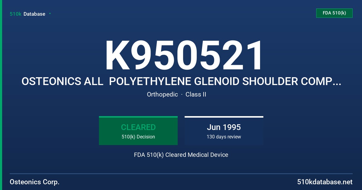 K950521 OSTEONICS ALL  POLYETHYLENE GLENOID SHOULDER COMPONENT FDA 510(k) Cleared Medical Device