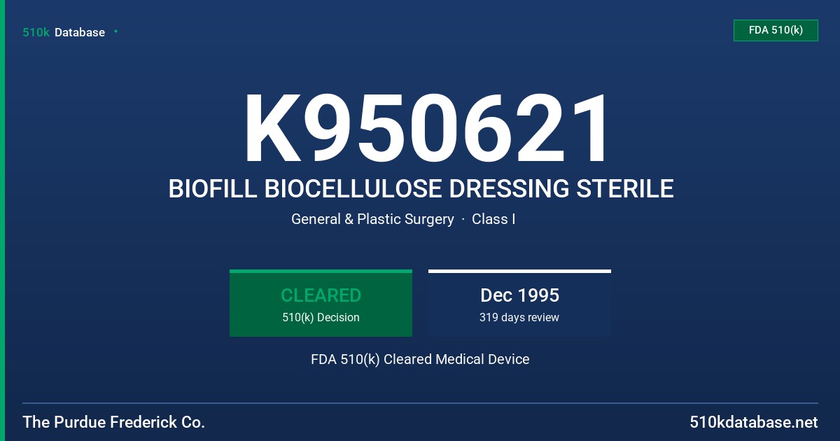 K950621 BIOFILL BIOCELLULOSE DRESSING STERILE FDA 510(k) Cleared Medical Device