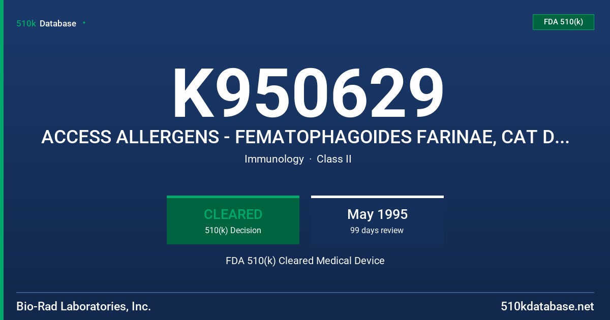 K950629 ACCESS ALLERGENS - FEMATOPHAGOIDES FARINAE, CAT DANDER, TIMOTHY GRASS, AND ALTERNARIA ALTERNATA WHICH ARE SPECIFIC IGEZR FDA 510(k) Cleared Medical Device