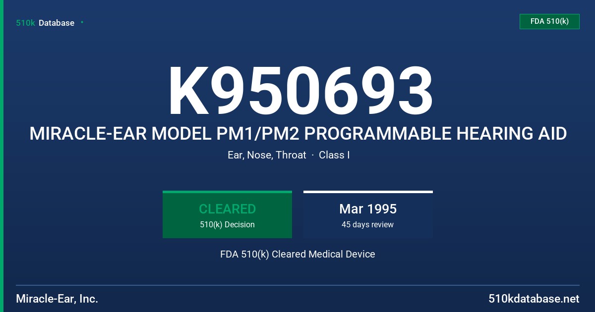 K950693 MIRACLE-EAR MODEL PM1/PM2 PROGRAMMABLE HEARING AID FDA 510(k) Cleared Medical Device