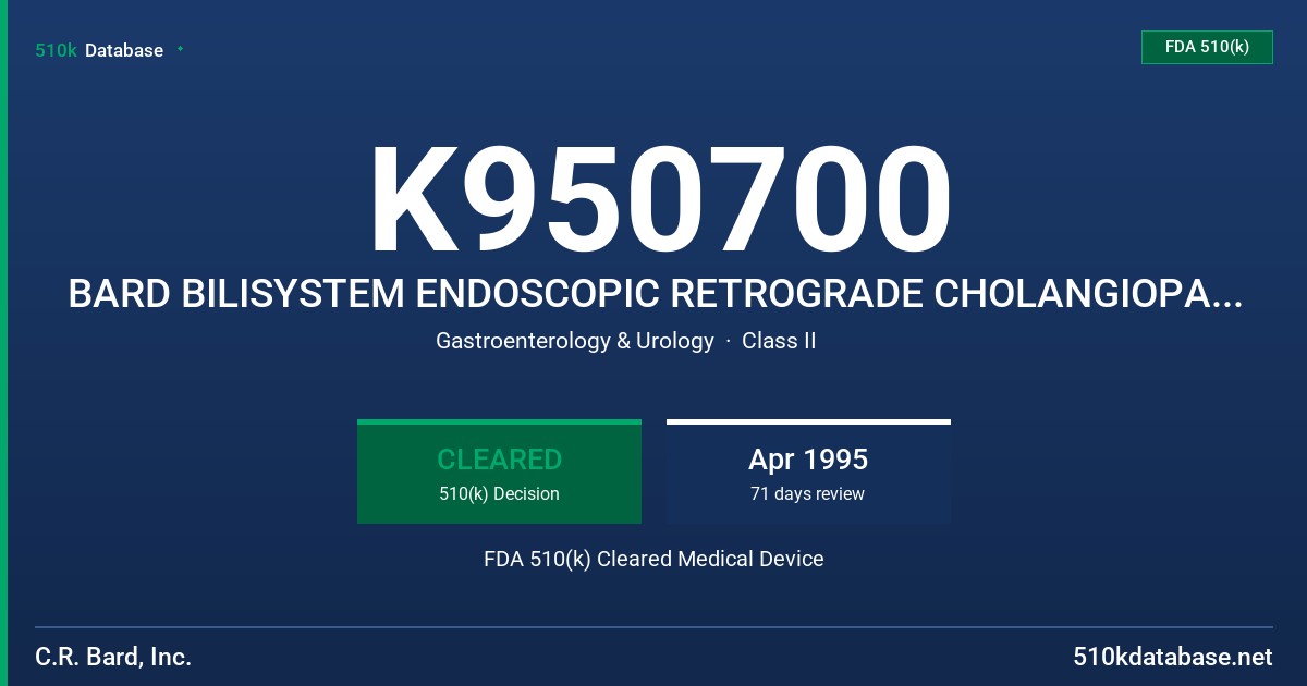K950700 BARD BILISYSTEM ENDOSCOPIC RETROGRADE CHOLANGIOPANCREATOGRAPHY (ERCP) CANNULA FDA 510(k) Cleared Medical Device
