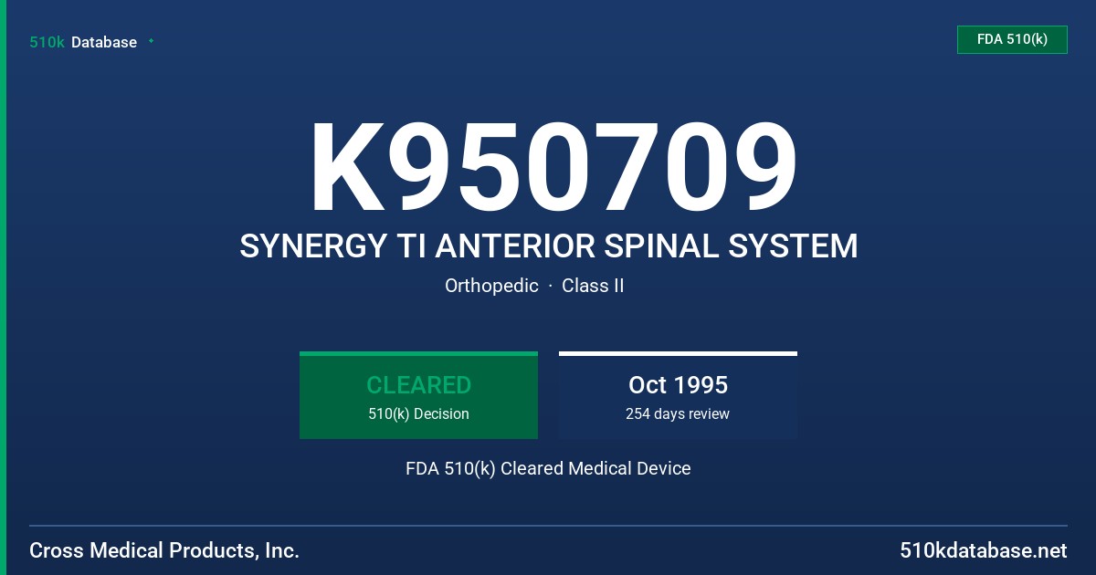 K950709 SYNERGY TI ANTERIOR SPINAL SYSTEM FDA 510(k) Cleared Medical Device