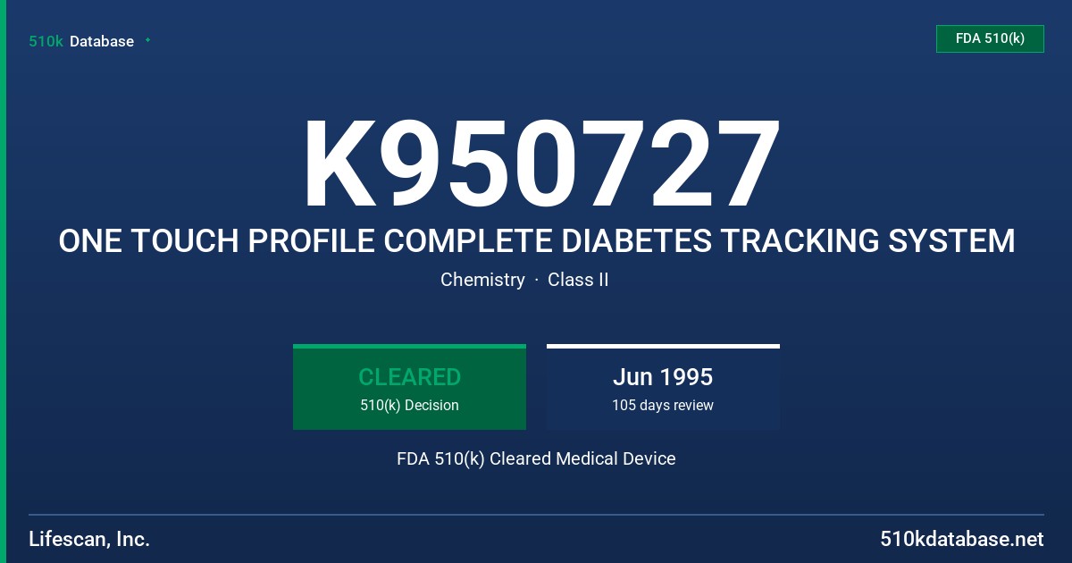 K950727 ONE TOUCH PROFILE COMPLETE DIABETES TRACKING SYSTEM FDA 510(k) Cleared Medical Device