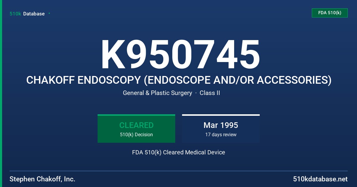 K950745 CHAKOFF ENDOSCOPY (ENDOSCOPE AND/OR ACCESSORIES) FDA 510(k) Cleared Medical Device