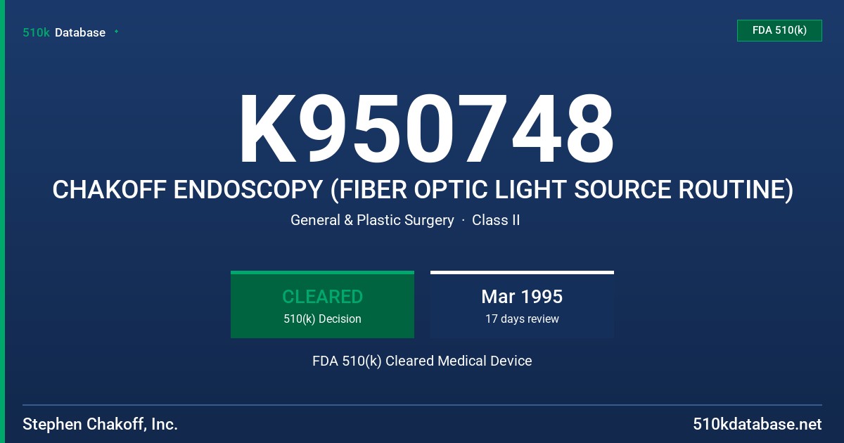 K950748 CHAKOFF ENDOSCOPY (FIBER OPTIC LIGHT SOURCE ROUTINE) FDA 510(k) Cleared Medical Device
