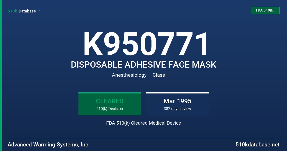 K950771 DISPOSABLE ADHESIVE FACE MASK FDA 510(k) Cleared Medical Device