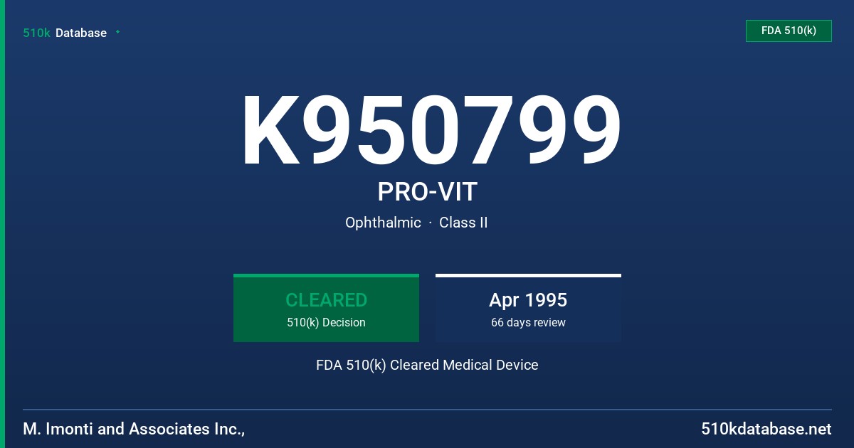 K950799 PRO-VIT FDA 510(k) Cleared Medical Device