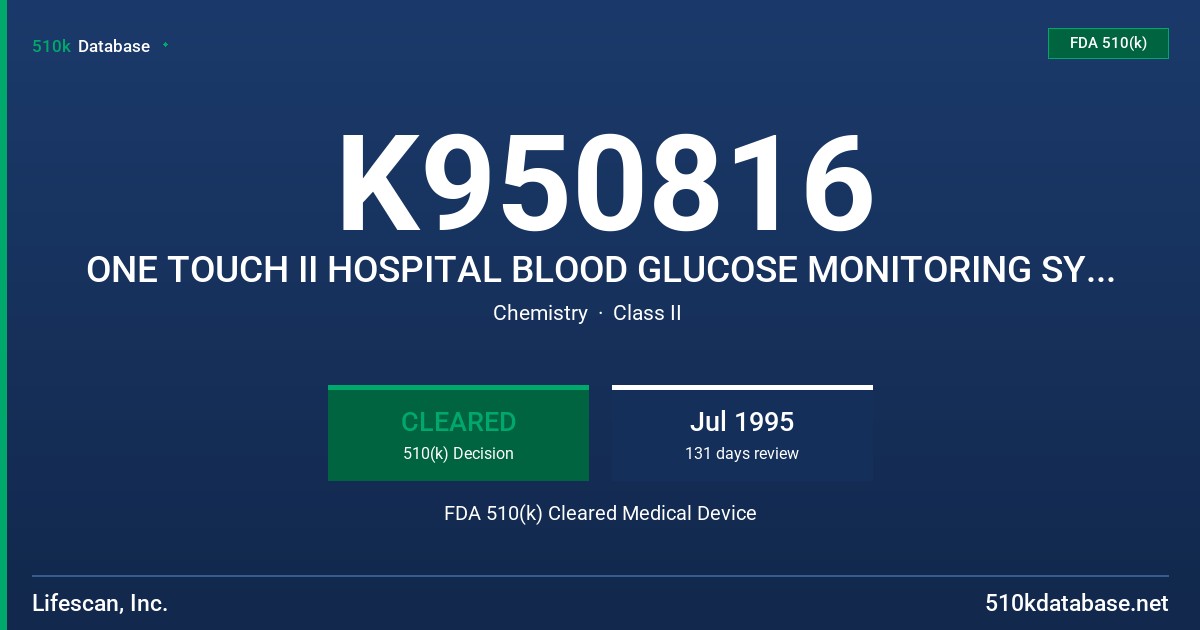 K950816 ONE TOUCH II HOSPITAL BLOOD GLUCOSE MONITORING SYSTEM FDA 510(k) Cleared Medical Device