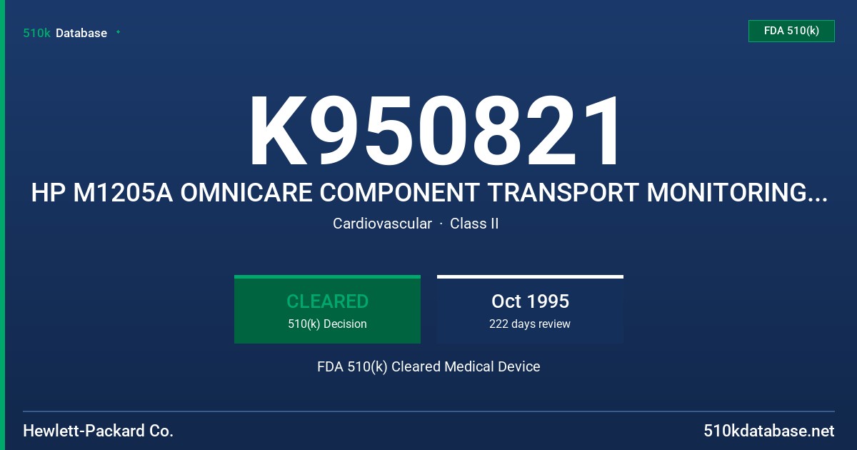 K950821 HP M1205A OMNICARE COMPONENT TRANSPORT MONITORING SYSTEM MODEL 24 FDA 510(k) Cleared Medical Device