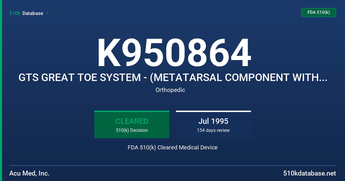 K950864 GTS GREAT TOE SYSTEM - (METATARSAL COMPONENT WITH POROUS COATING) FDA 510(k) Cleared Medical Device