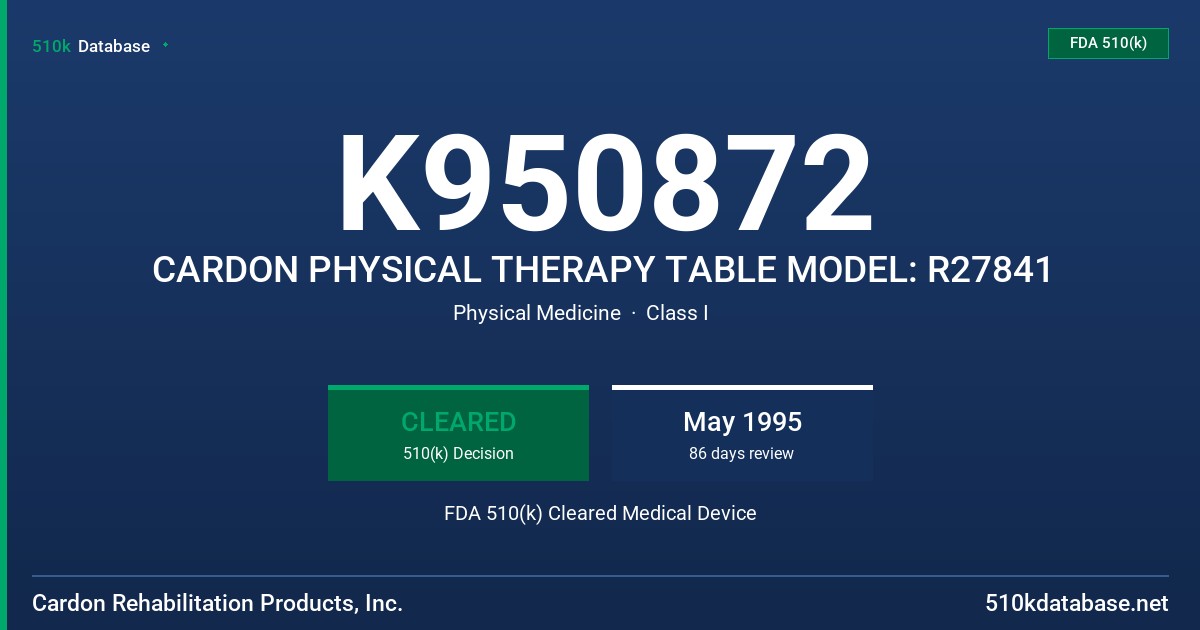 K950872 CARDON PHYSICAL THERAPY TABLE MODEL: R27841 FDA 510(k) Cleared Medical Device