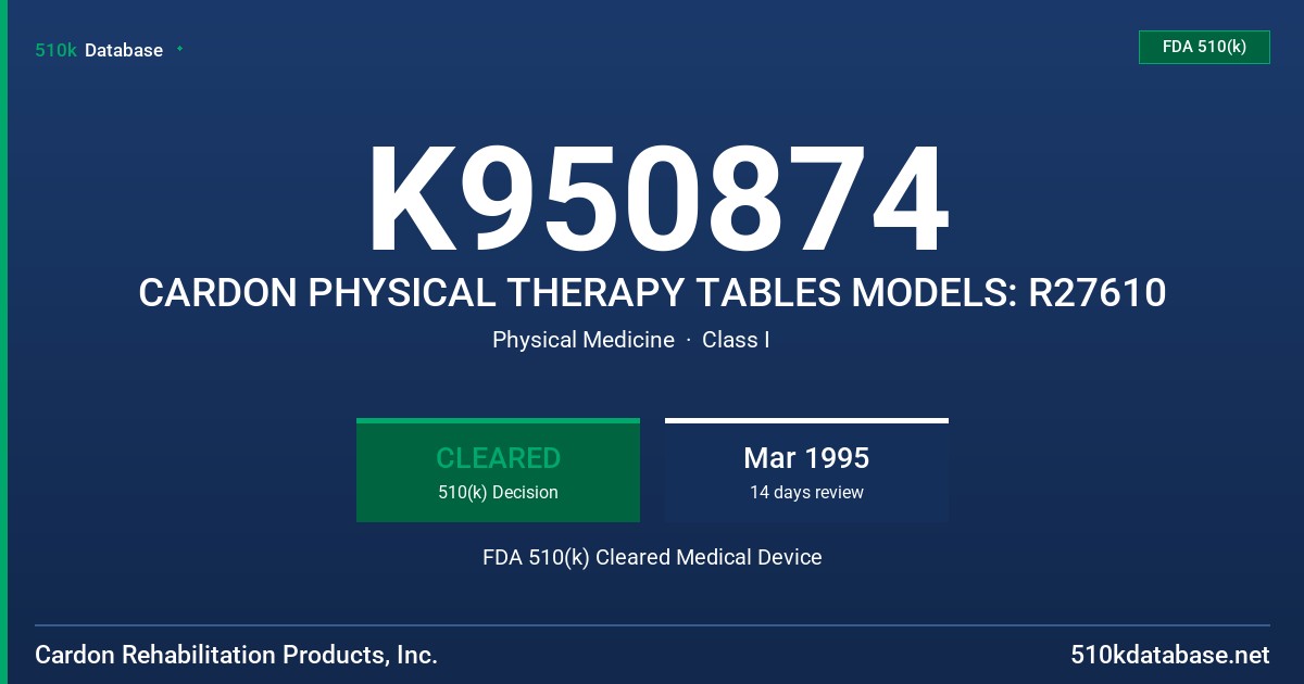 K950874 CARDON PHYSICAL THERAPY TABLES MODELS: R27610 FDA 510(k) Cleared Medical Device