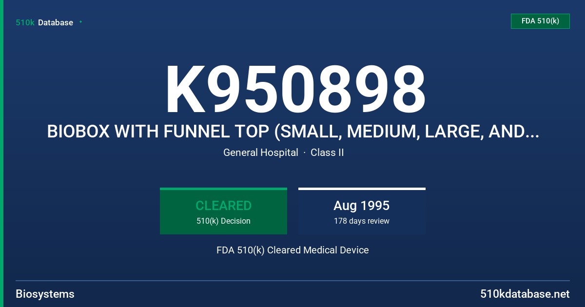 K950898 BIOBOX WITH FUNNEL TOP (SMALL, MEDIUM, LARGE, AND X-LARGE) FDA 510(k) Cleared Medical Device
