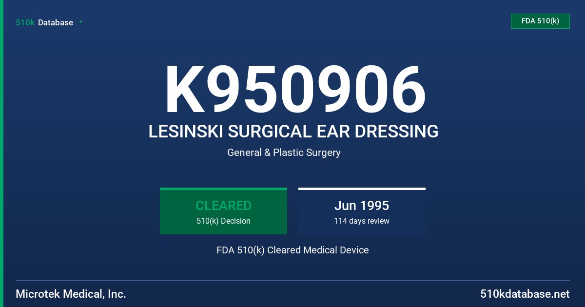 K950906 LESINSKI SURGICAL EAR DRESSING FDA 510(k) Cleared Medical Device