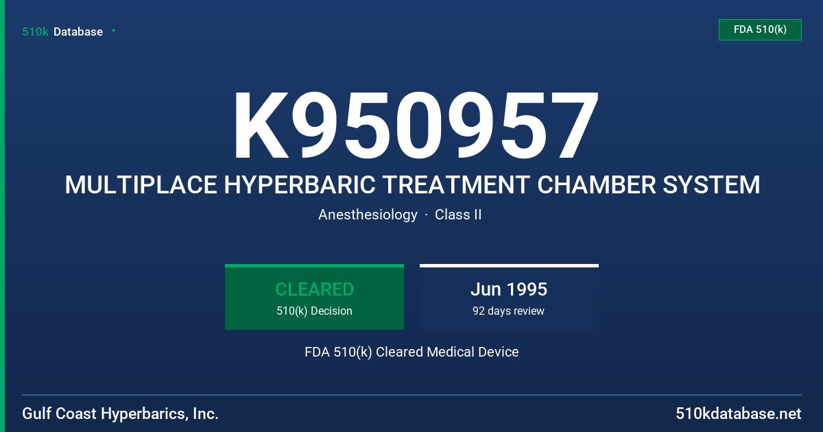 K950957 MULTIPLACE HYPERBARIC TREATMENT CHAMBER SYSTEM FDA 510(k) Cleared Medical Device