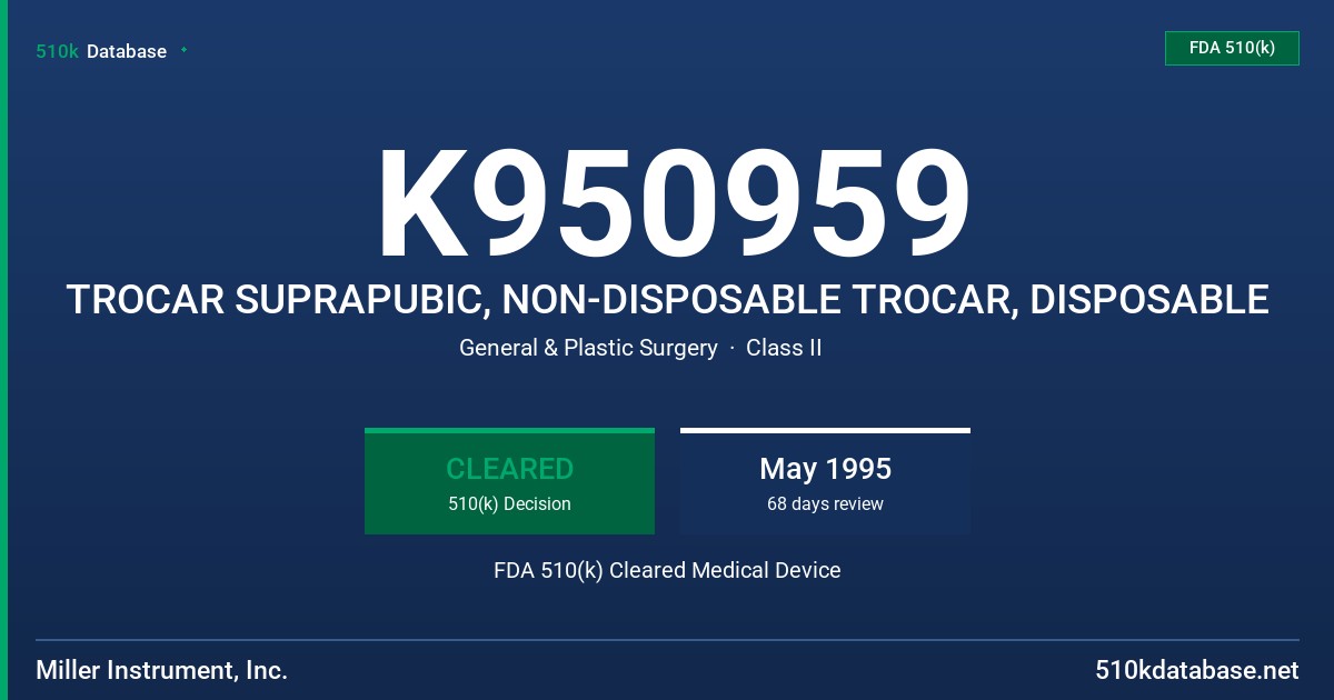 K950959 TROCAR SUPRAPUBIC, NON-DISPOSABLE TROCAR, DISPOSABLE FDA 510(k) Cleared Medical Device