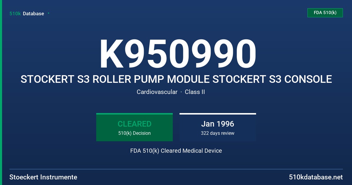 K950990 STOCKERT S3 ROLLER PUMP MODULE STOCKERT S3 CONSOLE FDA 510(k) Cleared Medical Device