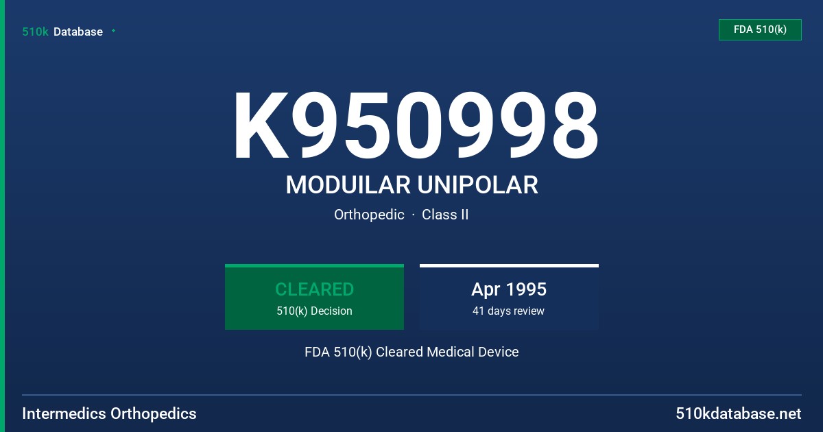 K950998 MODUILAR UNIPOLAR FDA 510(k) Cleared Medical Device
