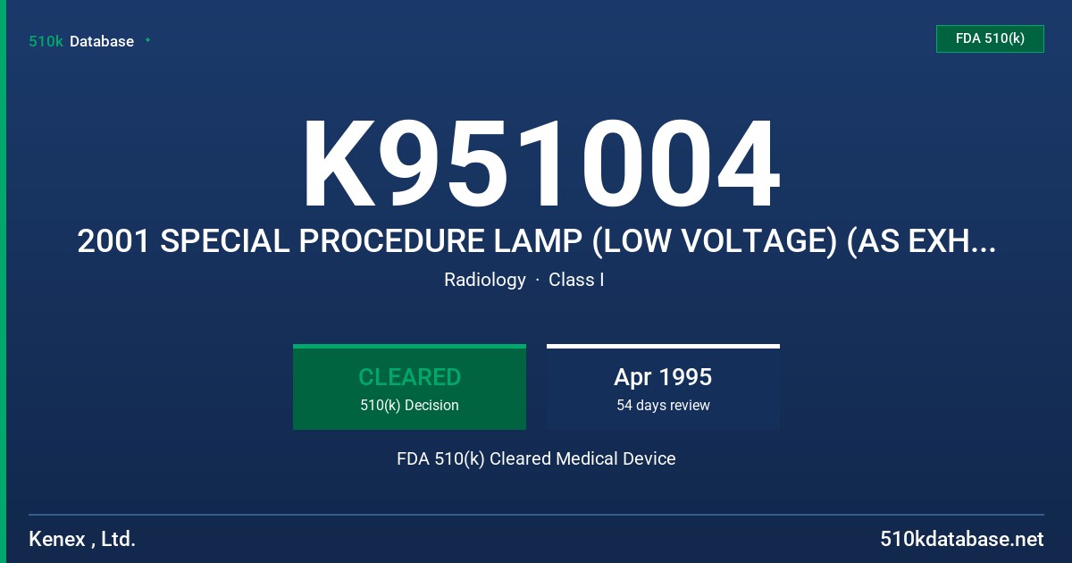 K951004 2001 SPECIAL PROCEDURE LAMP (LOW VOLTAGE) (AS EXHIBITS #2 & 4) FDA 510(k) Cleared Medical Device